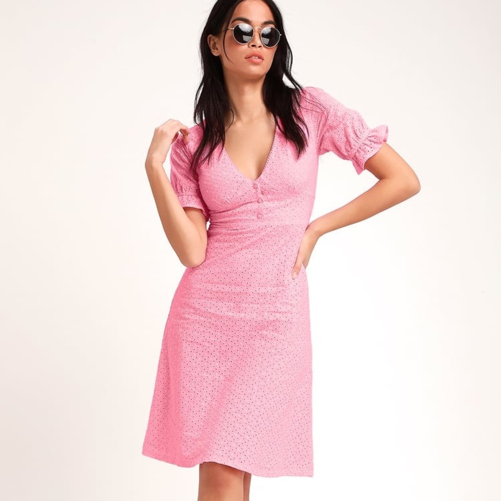 Good to be Me Pink Eyelet Lace Midi Dress